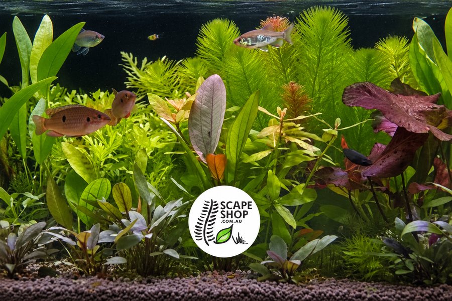 A vibrant planted aquarium tank filled with various green, yellow, and reddish aquatic plants, several small fish swimming throughout, and a white circular 'Scape Shop' logo sticker overlaid near the bottom center.