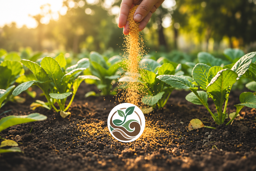 A hand sprinkles golden-yellow natural fertilizer granules onto the soil of a garden bed with green leafy plants, under warm golden sunlight. A circular logo with a green leaf and brown wave design is superimposed on the soil near the granules.