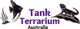 A logo-style graphic on a black background with the words 'Tank Terrarium Australia' in purple and black, plus black silhouettes of a fish, a lizard, and a small plant.